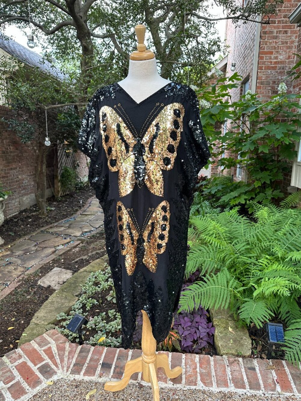 Vintage Iris 80s Black Gold Sequins Butterfly Cocktail Midi Dress L/XL